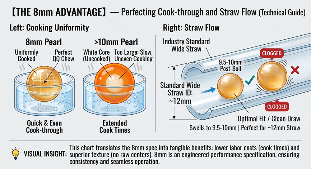 A technical comparison illustrating how the 8mm specification optimizes the balance between fast, uniform cook-through and smooth, clog-free flow through standard wide straws