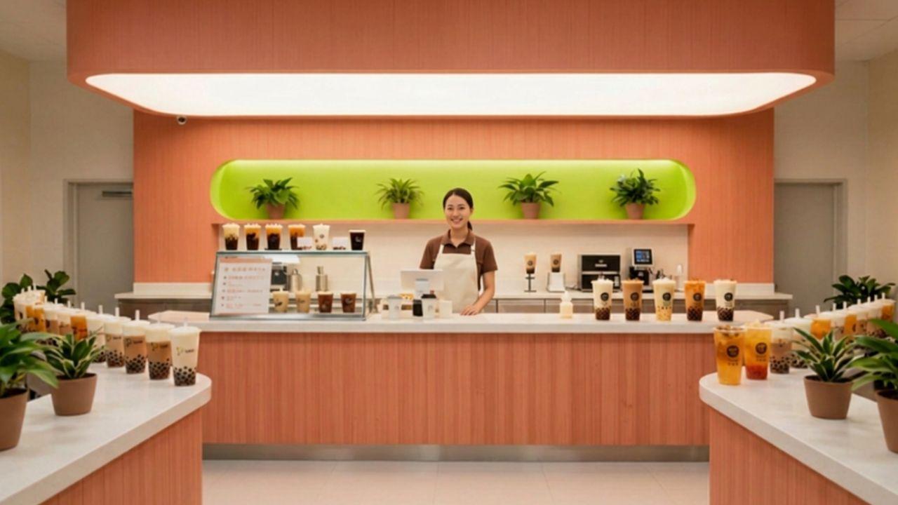 Bubble tea shop counter lined with milk tea, fruit tea and boba drinks