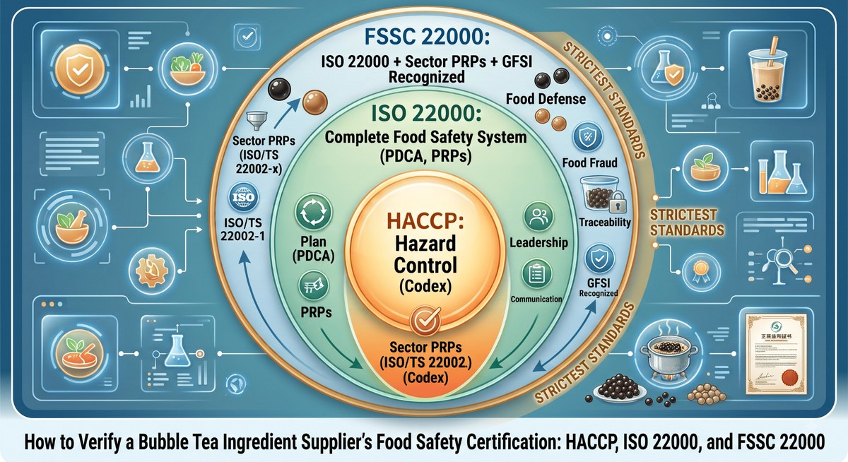 Concentric diagram: HACCP hazard control at the core, ISO 22000 as the surrounding food safety management system, FSSC 22000 adding sector prerequisite programs and GFSI recognition
