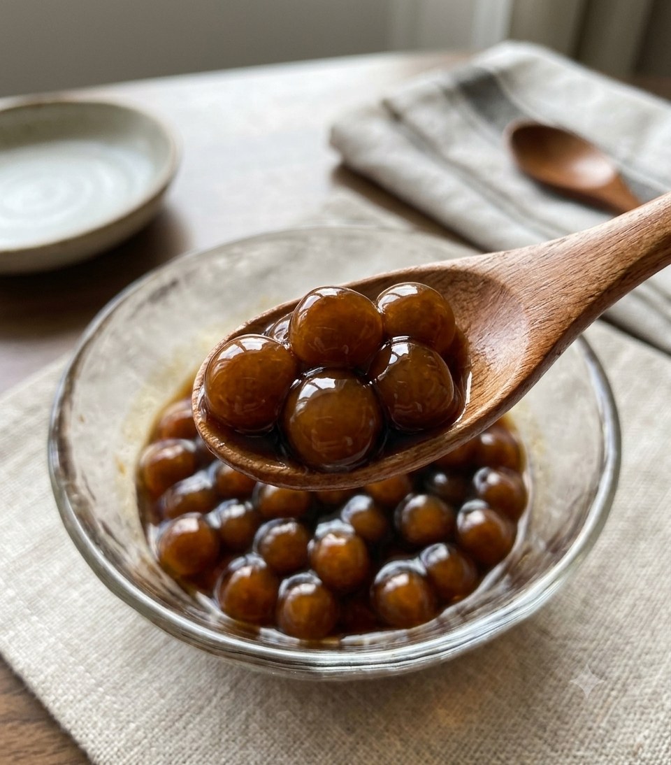 Perlas de tapioca cocidas y brillantes en almíbar de azúcar moreno, servidas con una cuchara de madera desde un bol de vidrio