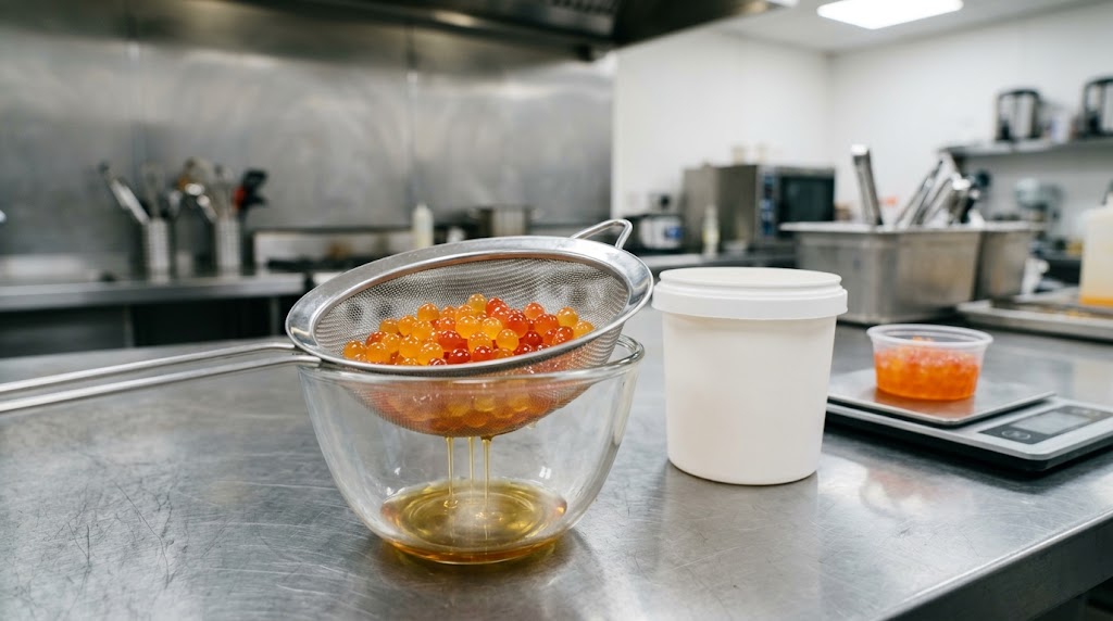 Popping boba drained in a strainer and weighed on a kitchen scale to check drained weight