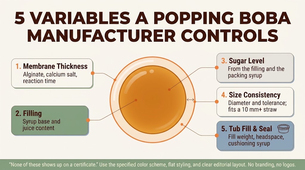 Diagram of the five variables a popping boba manufacturer controls: membrane thickness, filling, sugar level, size consistency, and tub fill and seal